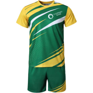 A green and yellow 100% polyester sports tee shirt with abstract patterns and a logo. Features matching shorts.