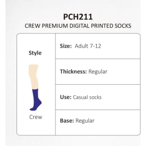 Crew Premium Digital Printed Socks in navy blue, designed for adult sizes 7-12, with regular thickness and base.