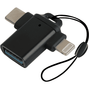 A black USB 3.0 to USB C Lightning OTG adapter with a small attachment loop.