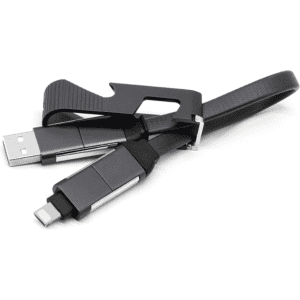A black charging cable with an opener and phone stand, featuring connectors and a strap for organisation.