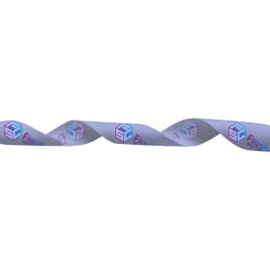 A satin polyester ribbon featuring full-colour prints in shades of purple and blue, with a logo design.