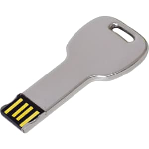 A metallic round key flash drive with a yellow and black connector. The drive features a key-shaped design.