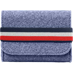 A grey felt organiser with a striped elastic band in navy, white, and red, featuring a logo on the front.