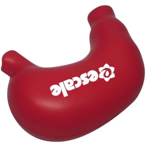 A red stomach-shaped stress reliever with a logo, featuring a smooth, soft texture.