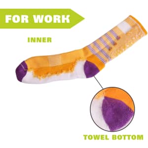 A pair of yellow and purple work socks featuring a towel bottom. Includes a close-up of the towel bottom texture.