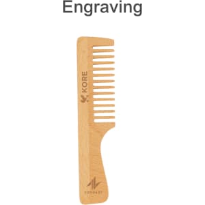 A wide-tooth beech wood comb in natural wood finish, featuring a branding logo.