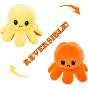 A reversible plush toy featuring a yellow, happy octopus on one side and an orange, sad octopus on the other.