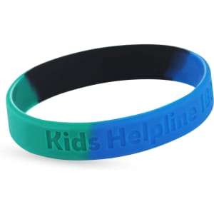 A coloured silicon wristband featuring shades of green and blue, with a logo. Suitable for events and promotions.