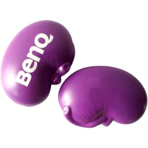 A purple kidney-shaped stress reliever featuring a logo, designed for fun and stress relief.