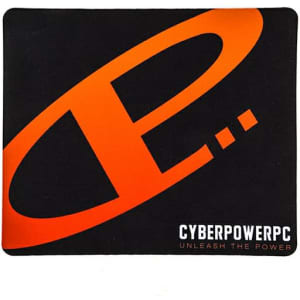A black mouse mat featuring an orange logo and branding. The mat has a smooth surface for easy mouse movement.