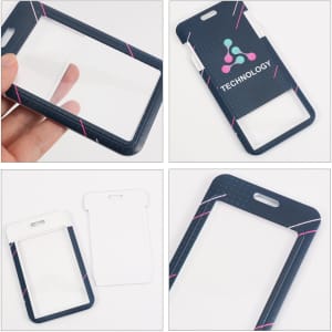 A black and white ABS single side ID card holder with a clear insert and a logo.