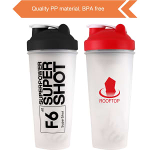 A drink bottle set featuring a black and a red shaker, both made of BPA-free PP material and displaying logos.