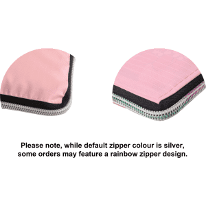 A pink foldable tote bag with a black trim and a silver zipper, featuring a sleek design and a rainbow zipper option.