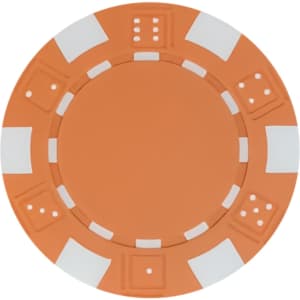 An orange poker chip with white segments and dots, featuring a circular design. It includes a logo in the centre.