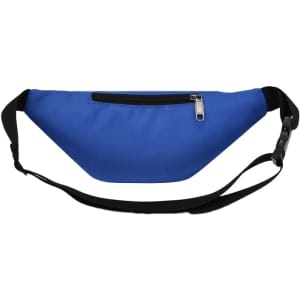 A blue bum bag featuring a zippered pocket and an adjustable strap. It has a logo on the front.