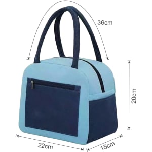 A colourful insulated lunch bag in light blue and navy, featuring two handles and a zippered compartment.