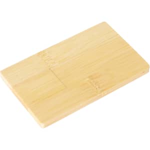 A wooden flash drive resembling a credit card, with a smooth, natural bamboo finish. It features a logo.