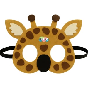 A giraffe-themed felt mask in yellow and brown with black straps and a playful design for kids.