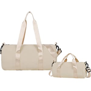 A beige bucket duffle bag with wide straps, featuring two sizes and a logo on the side.
