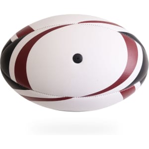 A rugby ball featuring white, maroon, and black stripes, with a branded logo on its surface.