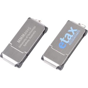 A silver and black flash drive featuring a logo and engraved text, showcasing a sleek and modern design.