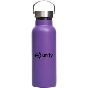 A drink bottle in purple with a stainless steel lid and a logo. It features a double wall vacuum design.