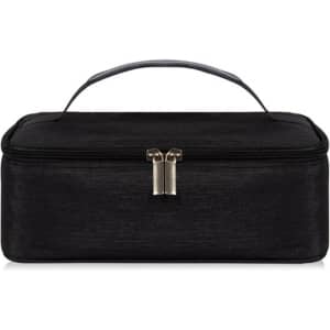 A black portable thermal insulated lunch bag with a zip closure and a carrying handle on top.