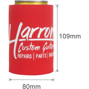 A red stubby holder featuring a logo, designed to fit standard drink cans.