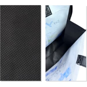 A vibrant sublimation tote bag featuring a multicoloured design and a black textured interior. Includes a logo.