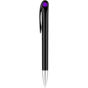 A black plastic pen with a purple top and a silver tip, featuring a clip for convenience.