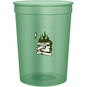 A translucent green plastic stadium cup with a logo on the front.
