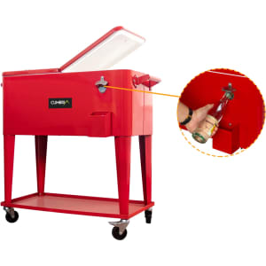 A red 75L cooler box trolley with a raised lid, featuring a bottle opener and a logo, mounted on wheels.