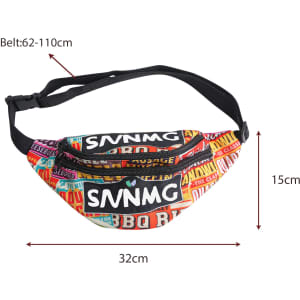 A vibrant multi-colour RPET bum bag with a logo, featuring adjustable straps and a front zip pocket.