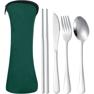 A green travel pouch containing stainless steel cutlery: chopsticks, knife, fork, and spoon.
