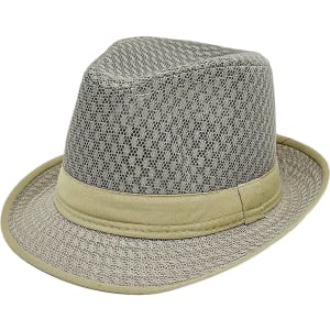 A mesh breathable top hat in grey with a beige band around the base. Features a woven pattern throughout.