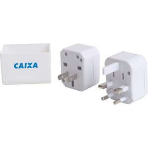 A white travel adapter set with two different plug types and a storage case, featuring a logo.