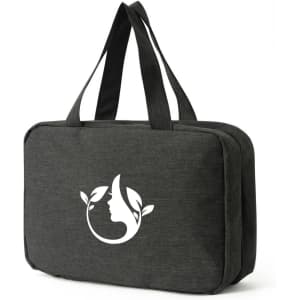 A grey large capacity hanging toiletry bag with two handles and a logo on the front.