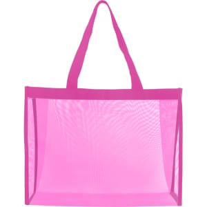 A pink transparent mesh tote bag with two handles, featuring an open design and no visible contents.