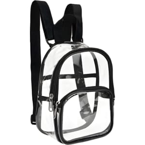 A clear mini backpack with black accents and straps, featuring a front zippered pocket.
