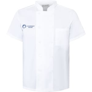 A white short-sleeved double-breasted chef jacket with a chest pocket and a logo on the front.