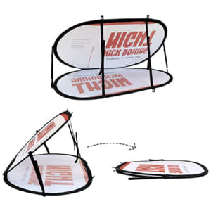 Oval-shaped pop-up banner in black and white with red text and a logo, featuring a collapsible design.