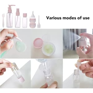 A set of clear and pink travel bottles with various tops, including spray and squeeze options, for cosmetic use.