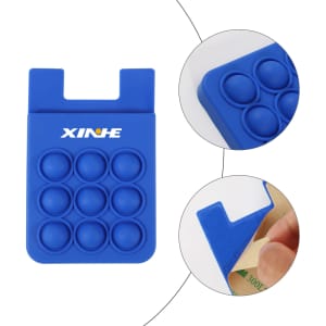 A blue silicone phone wallet featuring multiple pop bubbles and a logo. The design includes a slot for attachment.