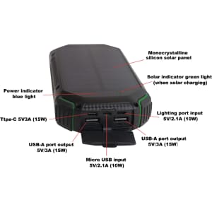 A black solar wireless power bank featuring multiple USB ports, a blue power indicator, and a solar panel on top.
