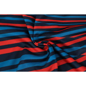 A fabric featuring horizontal stripes in red, blue, and navy, ideal for a sublimated sport long sleeves polo.