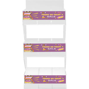 A clear acrylic display stand with three levels, featuring vibrant, eye-catching graphics and a logo.