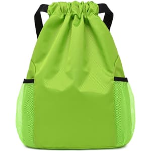 A bright lime green drawstring backpack with mesh side pockets and black straps. It features a logo.