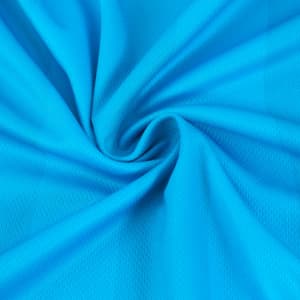 A close-up of a blue polyester fabric, showcasing a smooth texture with a spiral pattern. It has a subtle sheen.