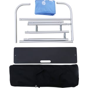 A drink bottle dispenser stand in silver with blue fabric and a black carrying bag, featuring various metal parts.