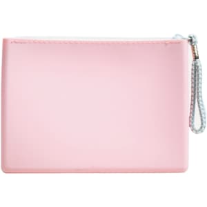 A pink silicone cosmetic pouch with a zip closure and a wrist strap. It features a subtle logo.